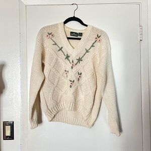 Cabin Creek Cream V-Neck Sweater with Floral Design